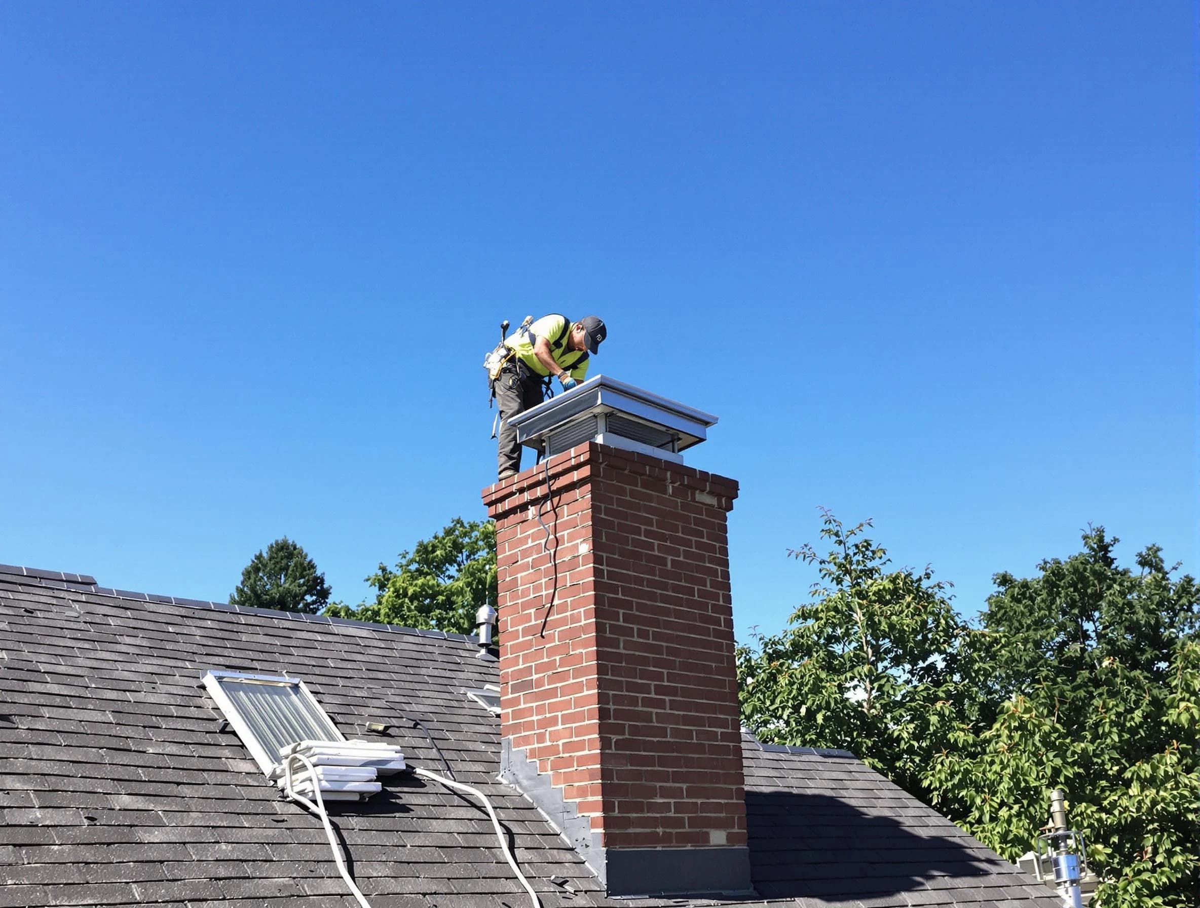 Oklahoma City Chimney Sweep technician measuring a chimney cap in Oklahoma City, OK